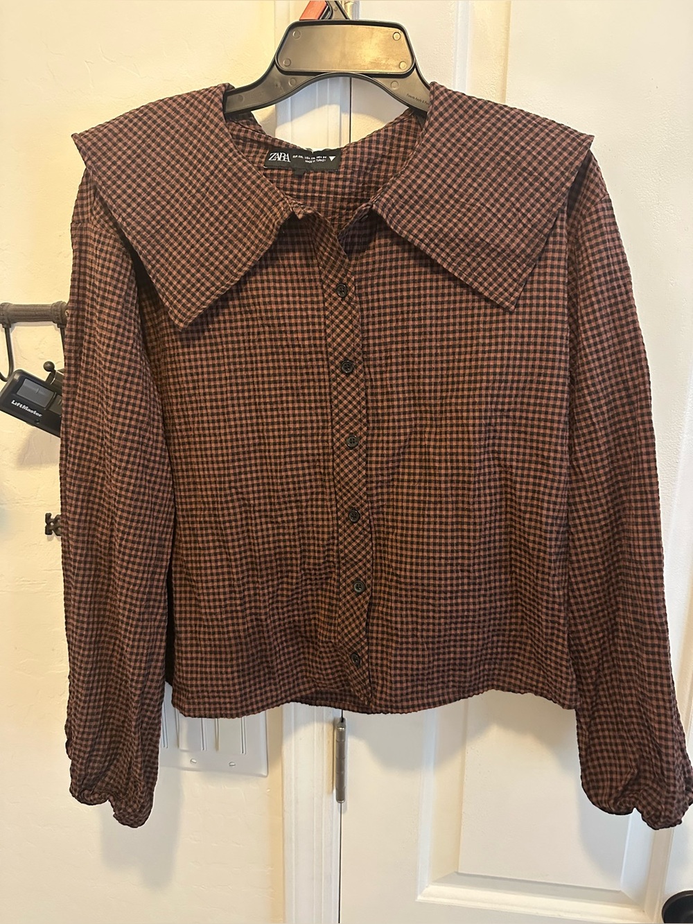 Zara ladies brown and black gingham style blouse size XXL